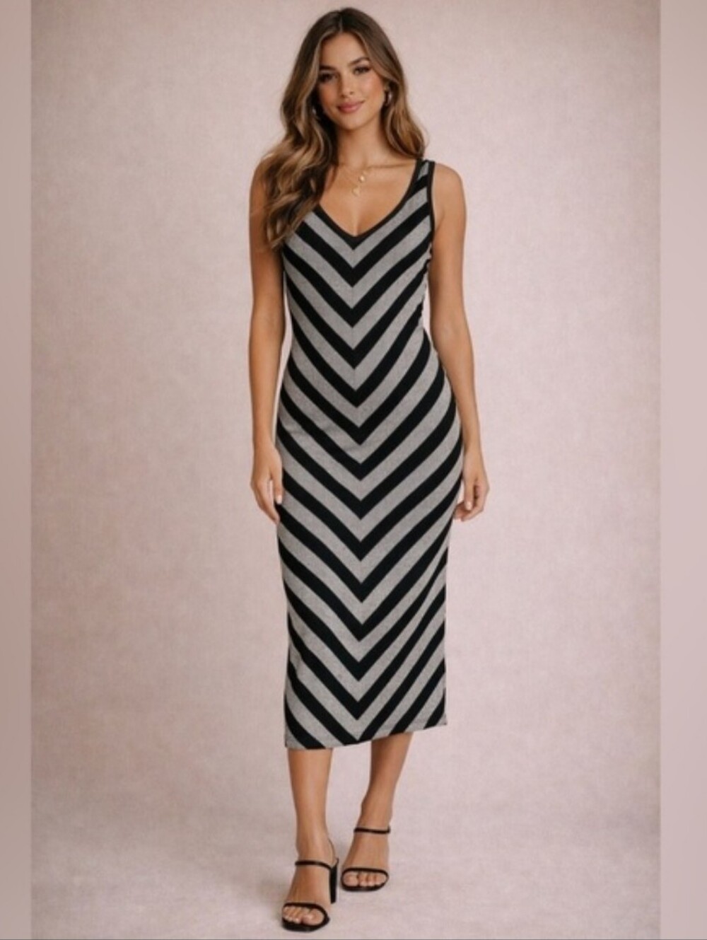 Mossimo V-neck Midi Cotton Blend Chevron Stripes Stretchy Dress Extra Small